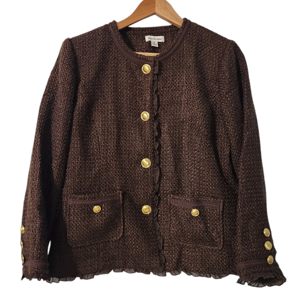 Joan Rivers Wool Blend Ruffled Blazer  Chocolate Brown Old Money Tweed Corpcore